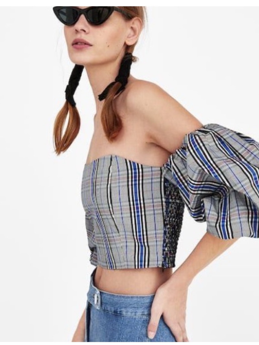💕 ZARA plaid corset smocked Puff Sleeve Crop Top NEW size L off-white, black